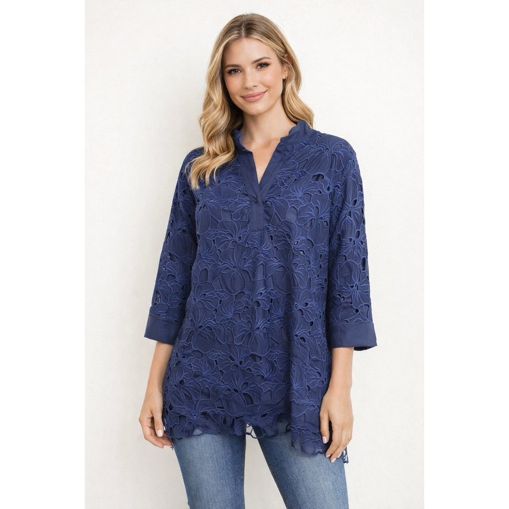 Jade Top Womens Medium Blue Eyelet Blouse Lace‎ Floral Preppy Cut Out Resort